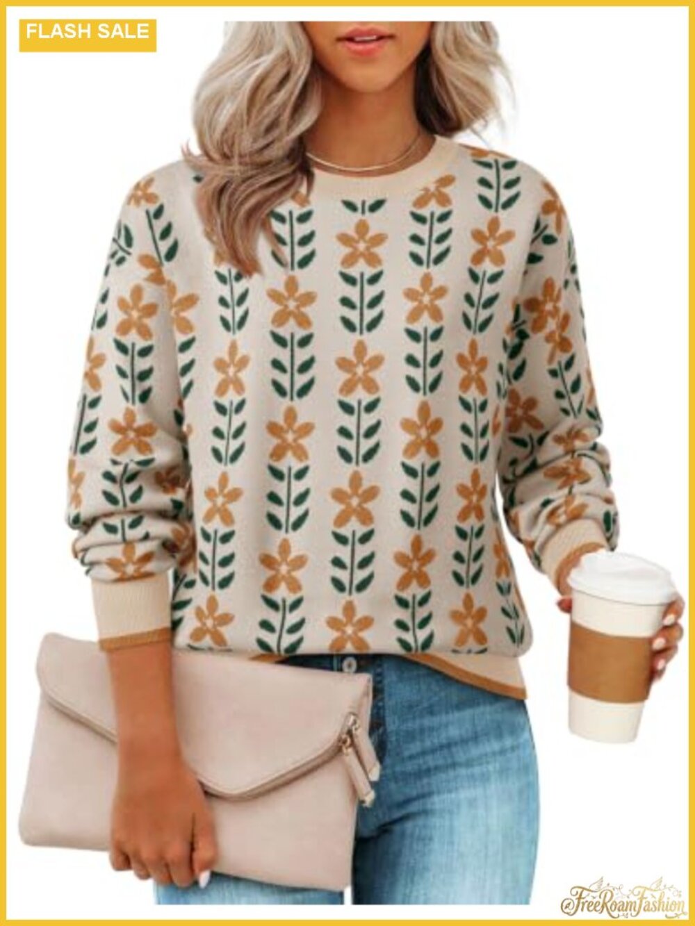 Womens Crewneck Floral Knit Pullover Sweater Loose Fit Long Sleeve